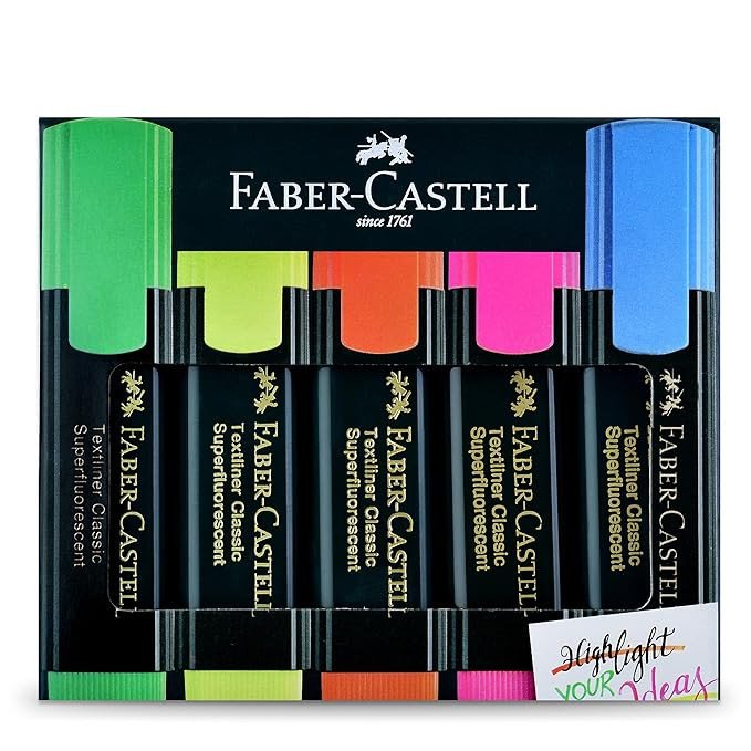 Faber-Castell Textliner Pen Set – Pack of 5 Assorted Colours | Refillable Markers for Study, Journaling & Doodling | Stationery Essential for Students